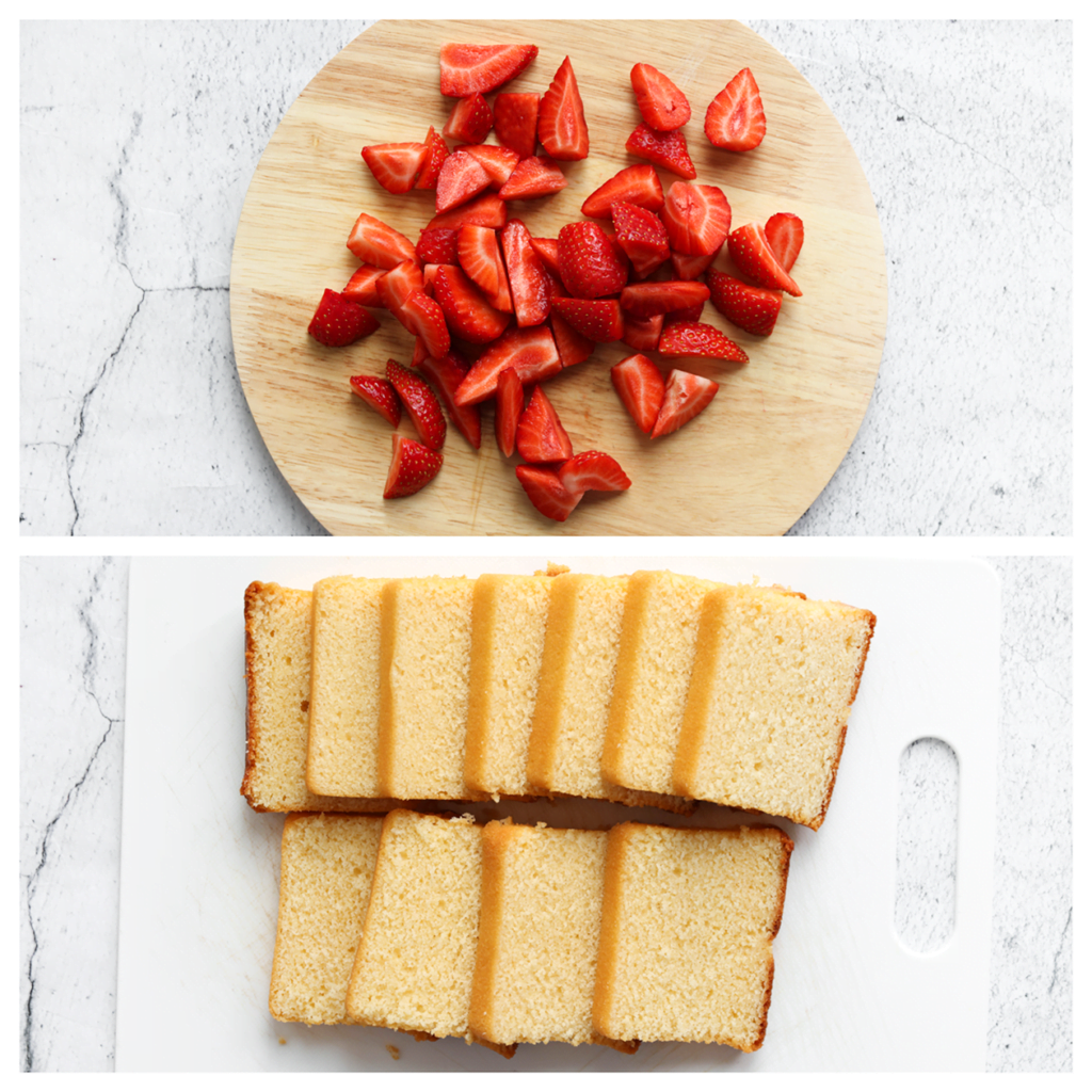 Snijd de aardbeien in stukken en de boerencake in plakjes van 1 centimeter.