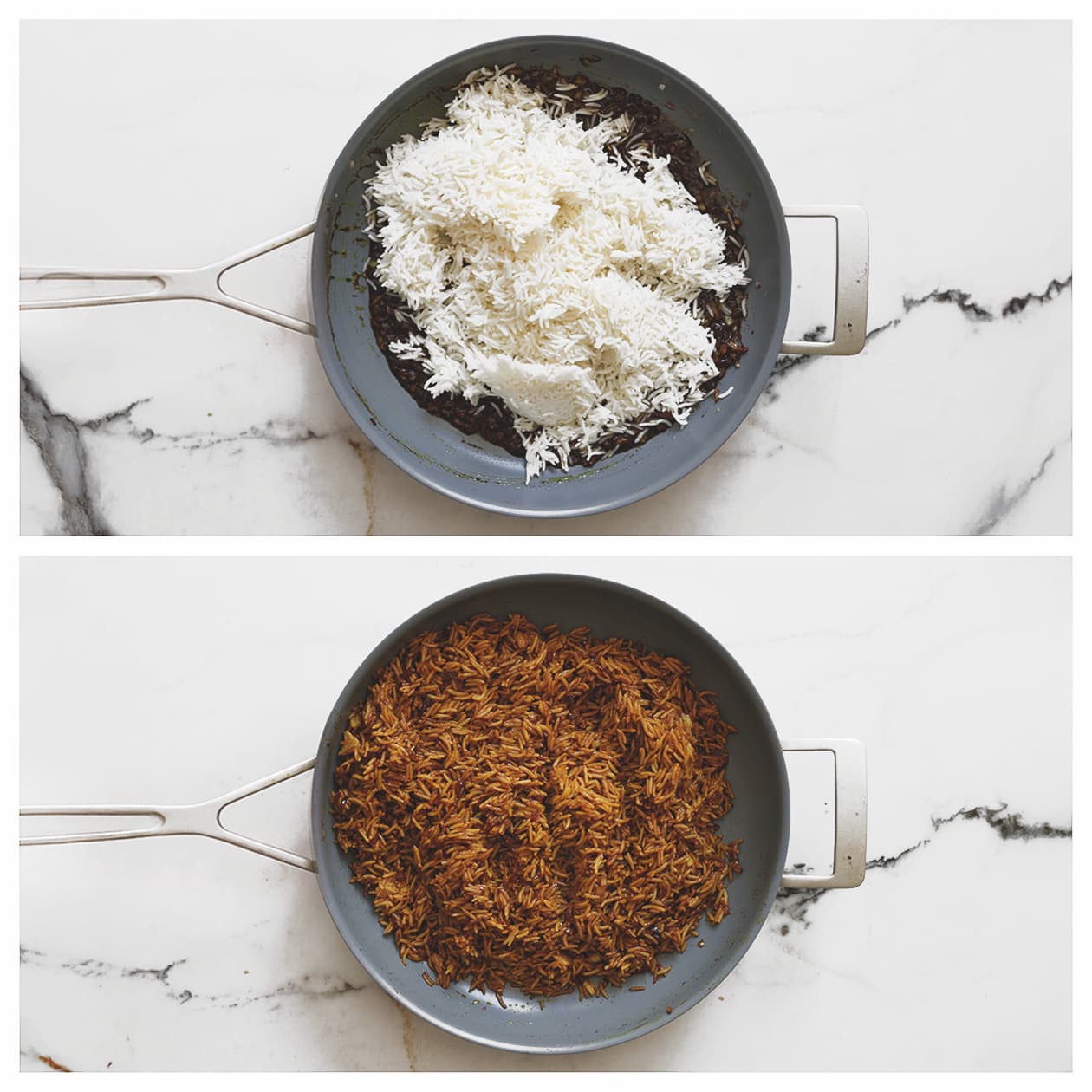 Rijst mengen met de saus voor nasi