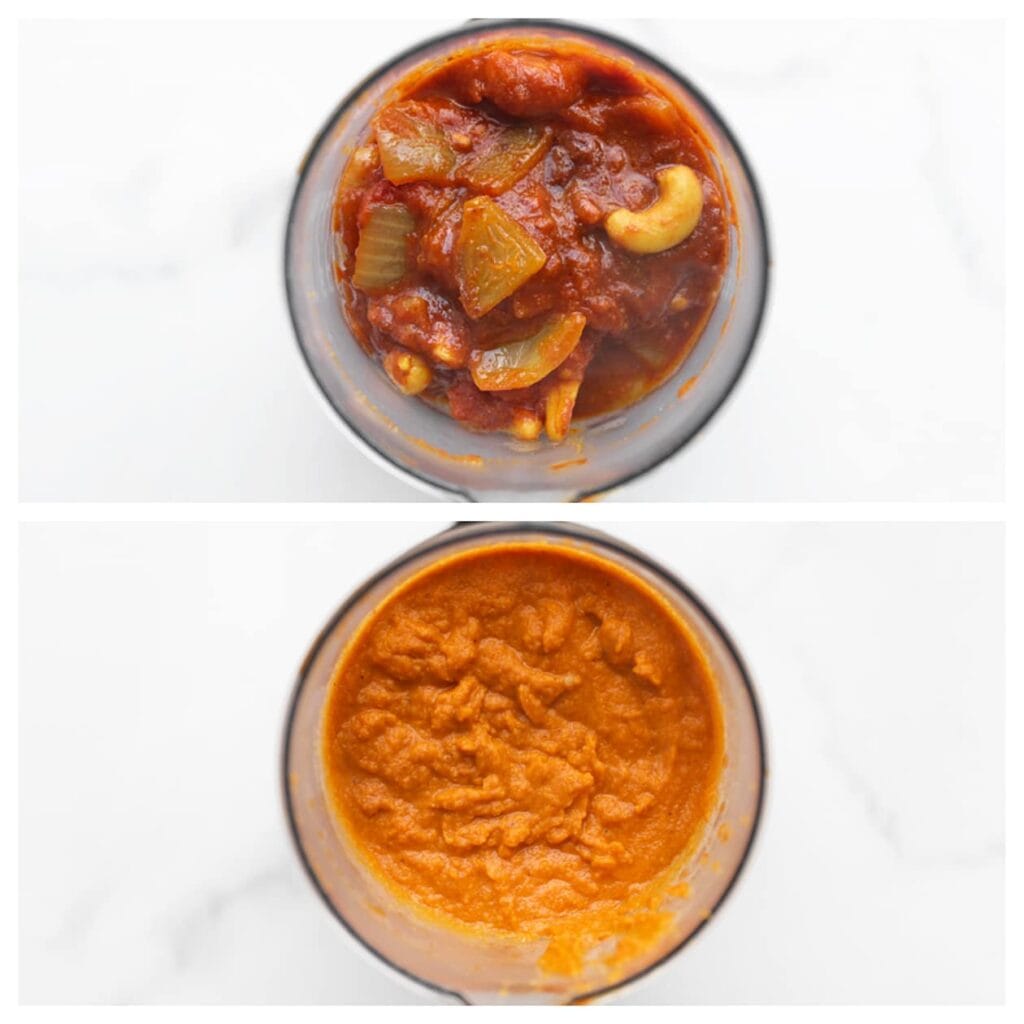 Verwijder de laurierblaadjes. Giet het warme groentemengsel in een blender en mix tot een gladde saus. 