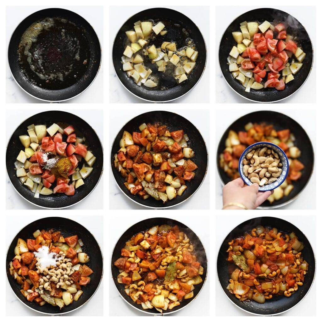 Smelt in dezelfde pan opnieuw een klontje roomboter en voeg de ui en knoflook toe. Bak dit 3 minuten. Voeg daarna de tomaten, azijn, chilipoeder, uienpoeder, kaneel, masalakruiden, cashewnoten en suiker toe. Bak het geheel 15-20 minuten op middelhoog vuur.