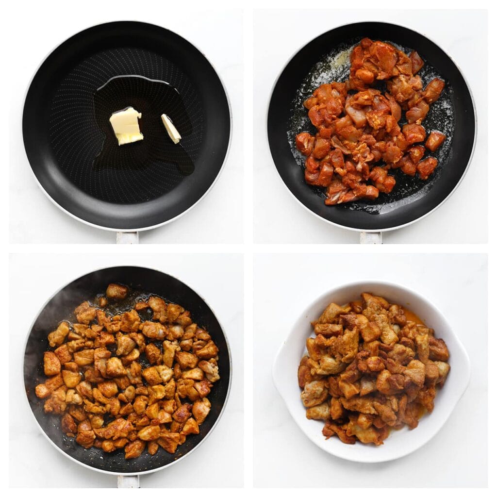 Verhit wat olie en een klontje roomboter in een steelpan en bak de kippendijen in 5-7 minuten goudbruin. Haal de kippendijen uit de pan en zet apart.