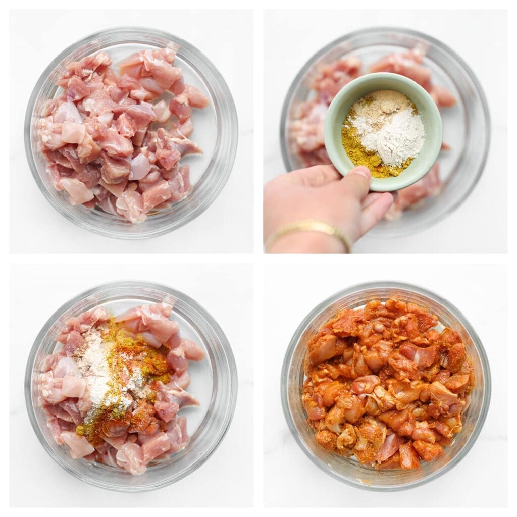 Snijd de kippendijen in stukjes en doe deze in een kom. Voeg het zout, chilipoeder, uienpoeder en de masalakruiden toe. Meng goed en laat het ongeveer 10 minuten intrekken. Mag ook langer.