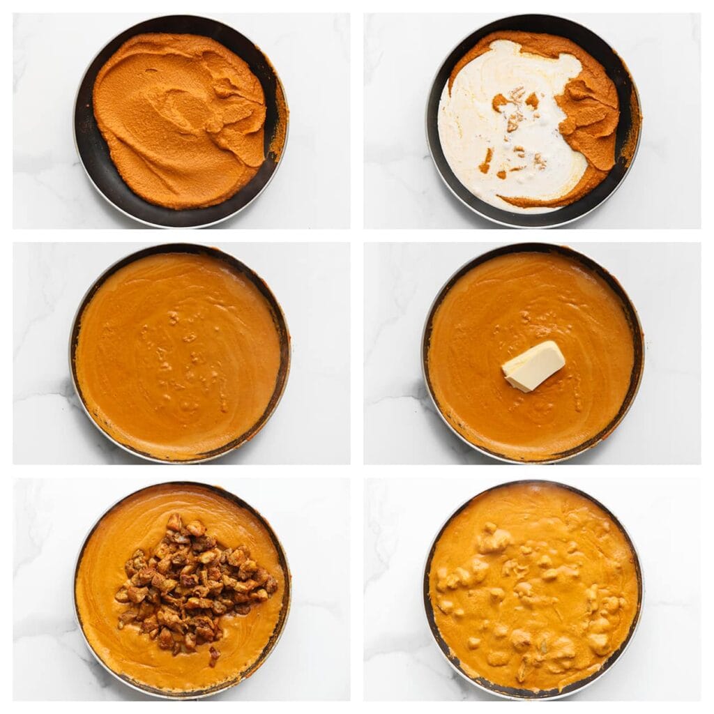 Schenk de saus terug in de koekenpan en laat het sudderen. Voeg de ongeklopte slagroom toe en kook 4-5 minuten. Voeg de roomboter toe en meng goed. Voeg de kippendijen toe en meng tot een geheel. Voeg eventueel zout toe naar smaak, ik heb 5 gram toegevoegd.