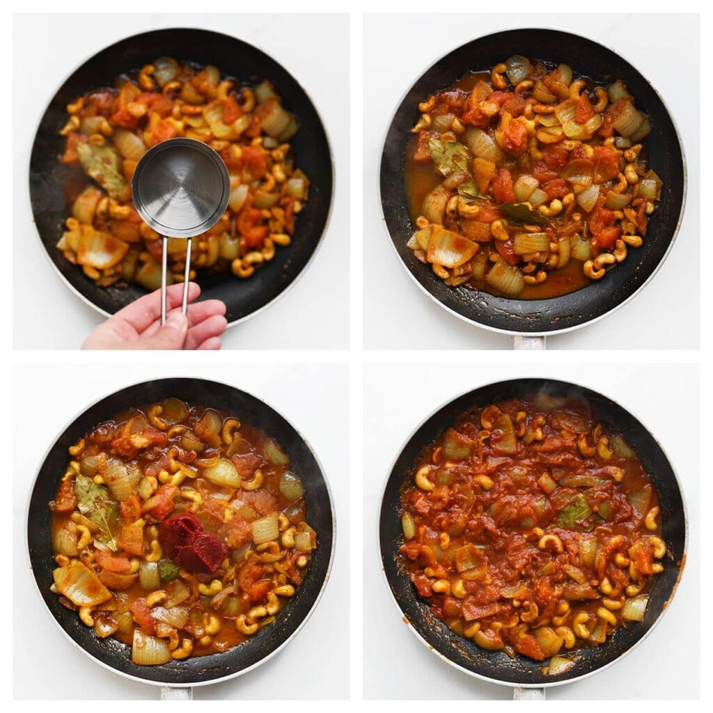 Voeg het water en de tomatenpuree toe. Meng goed en bak 2-3 minuten.