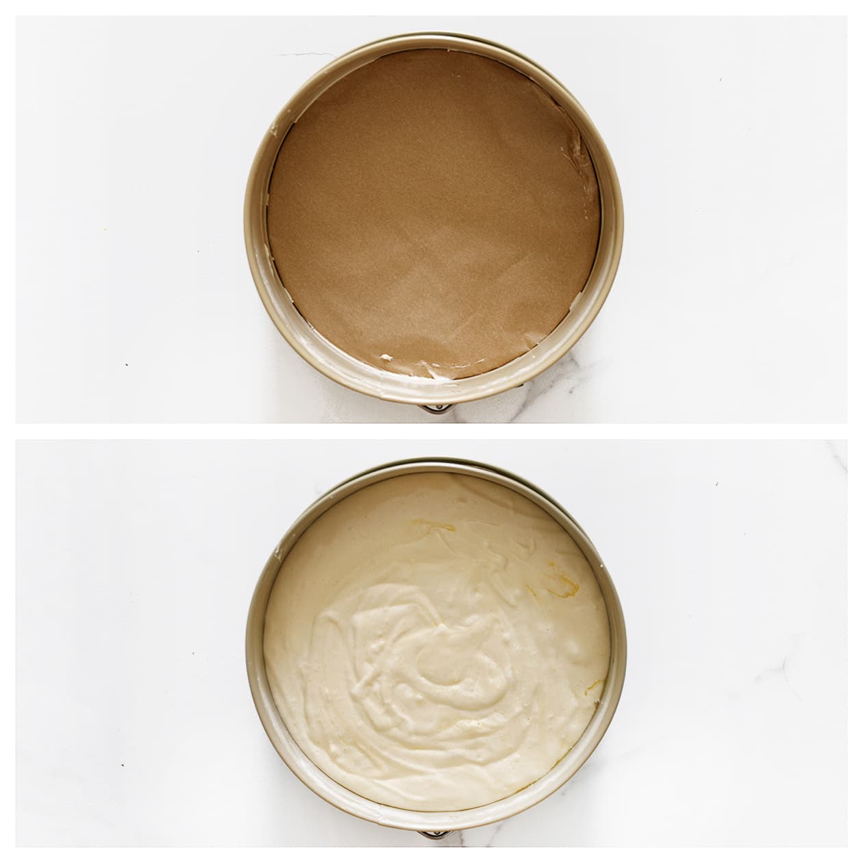 Bakvorm invetten en bekleden met bakpapier en dan het biscuit beslag erin gieten