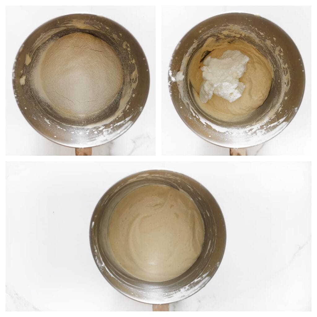 Voeg de rest van de bloem toe en spatel opnieuw luchtig. Herhaal dit met de resterende eiwitten.