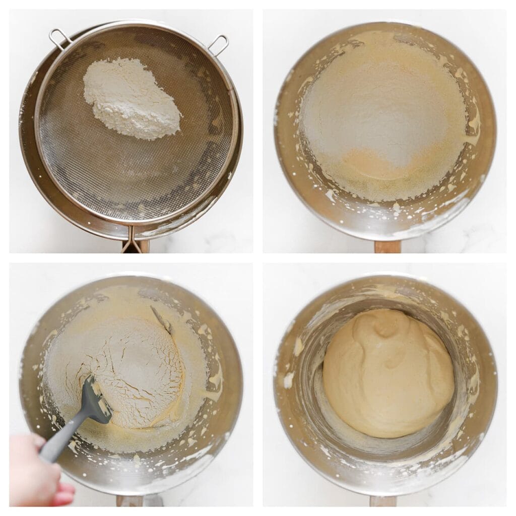 Zeef voor de tweede keer de helft van de bloem toe aan het eidooiermengsel. Spatel dit luchtig door. 