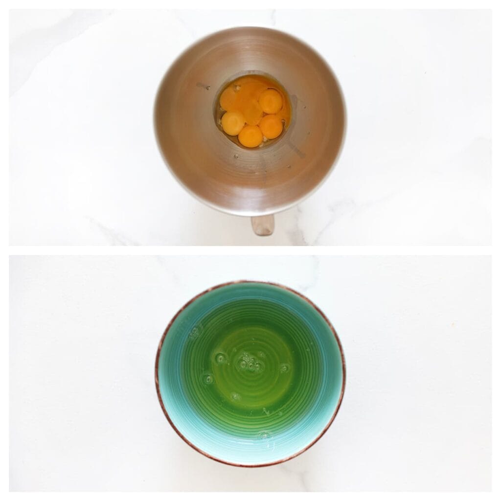 Splits de eieren: doe de eiwitten in een schone kom en de eidooiers in een andere kom.