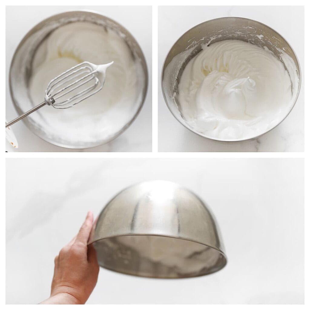 Je meringue is klaar wanneer je de kom op z&rsquo;n kop kunt houden zonder dat het eruit valt.