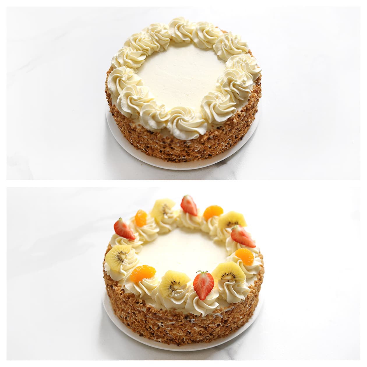 Slagroomtaart garneren met toefjes slagroom, aardbei, kiwi en mandarijntjes