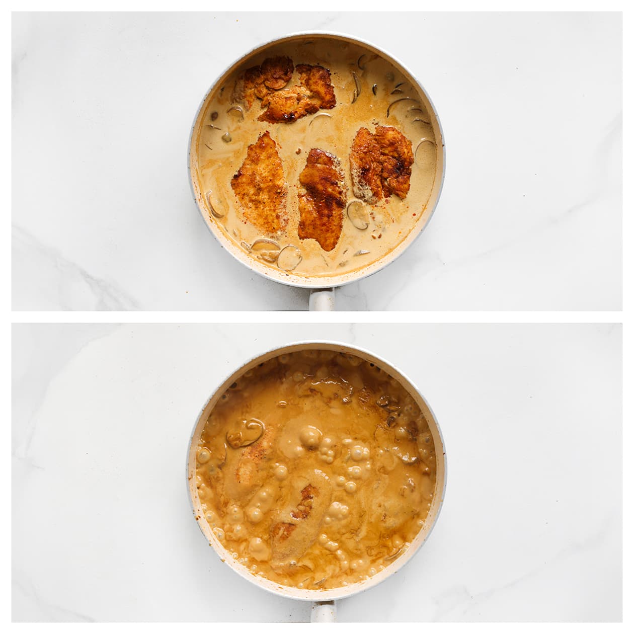 Kipfilet toevoegen aan de champignonsaus