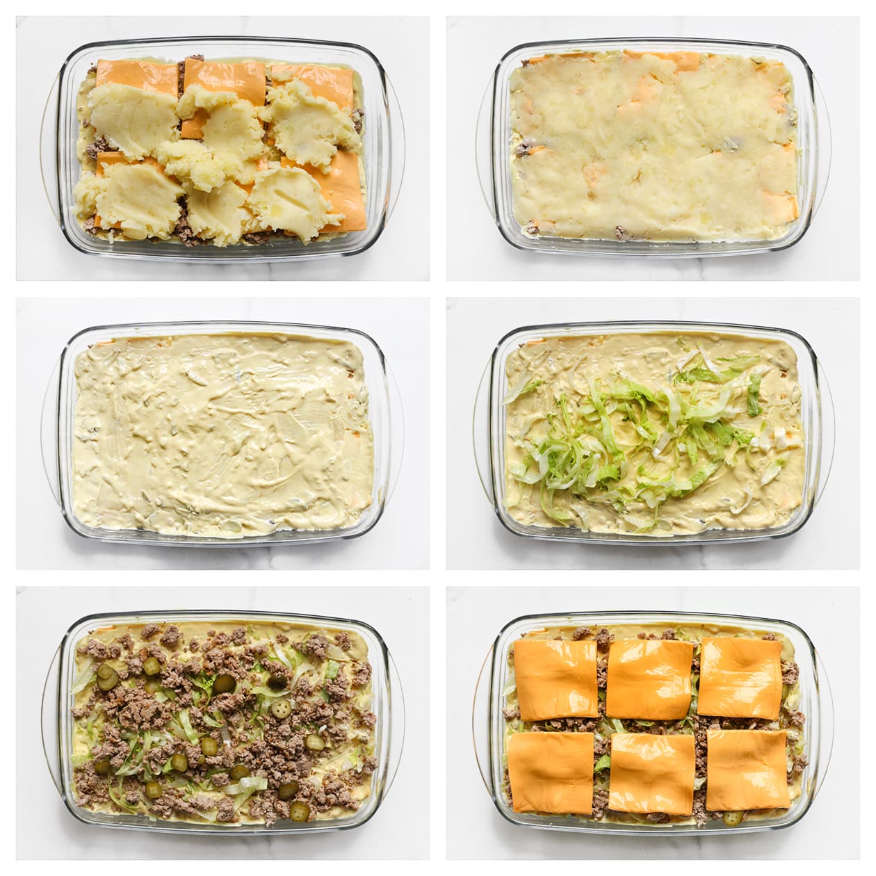 Nog een laag aardappelpuree, saus, sla, gehakt, augurken en kaas verdelen over de schaal kopie