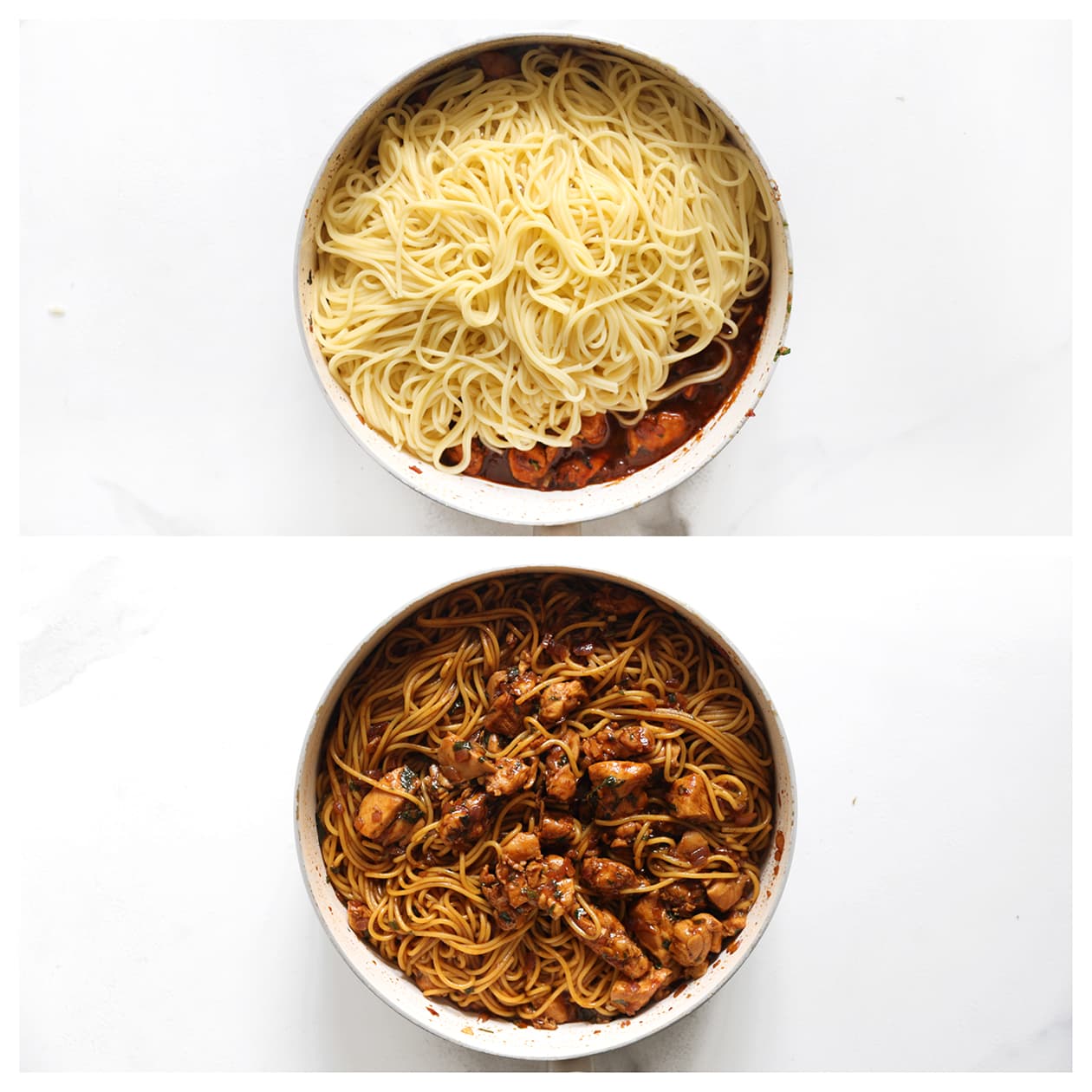 Spaghetti toevoegen aan het kipmengsel kopie