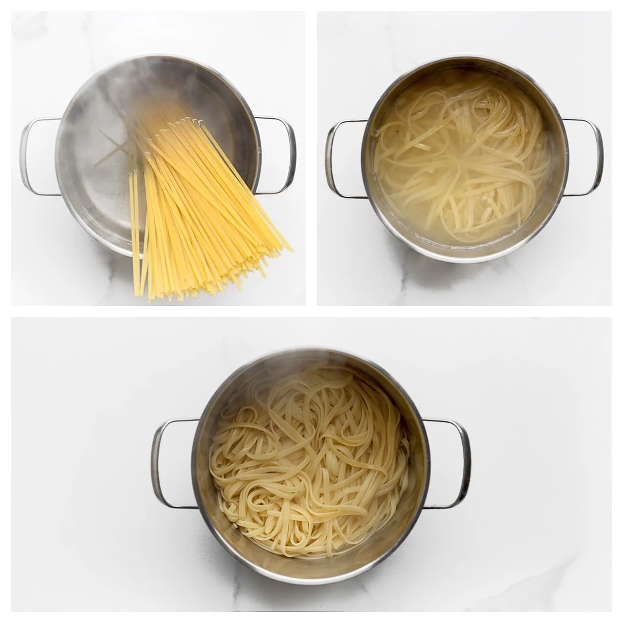 Tagliatelle gaar koken in water voor de pasta Alfredo