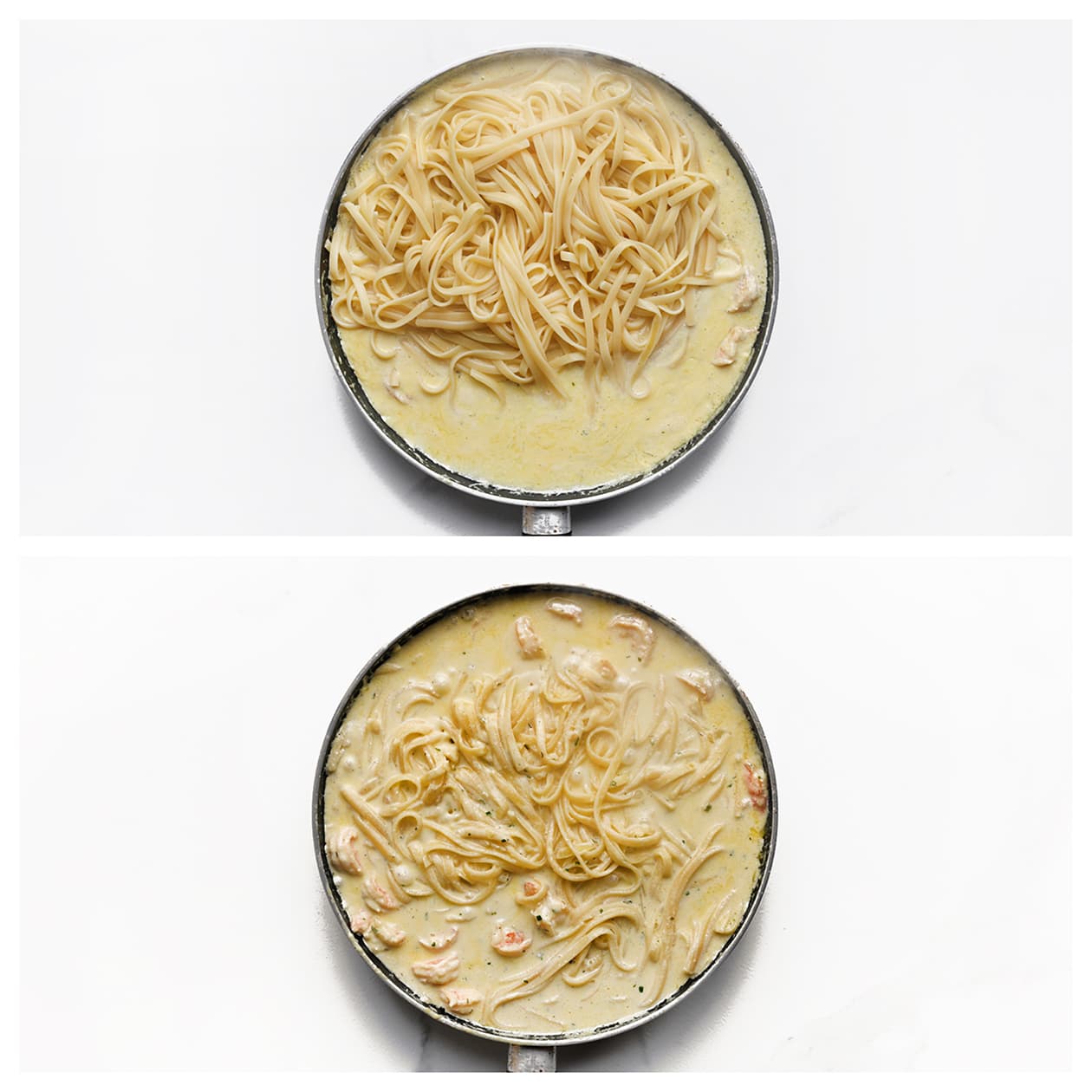 Tagliatelle in de romige saus voor de Pasta Alfredo met garnalen