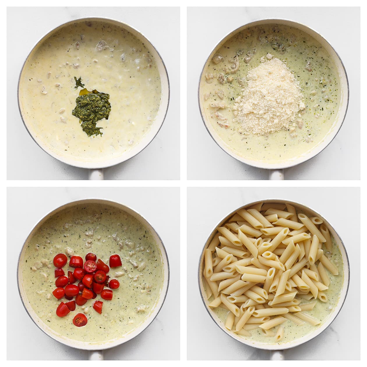 Pesto, kaas, snoeptomaatjes en penne toevoegen aan de saus kopie