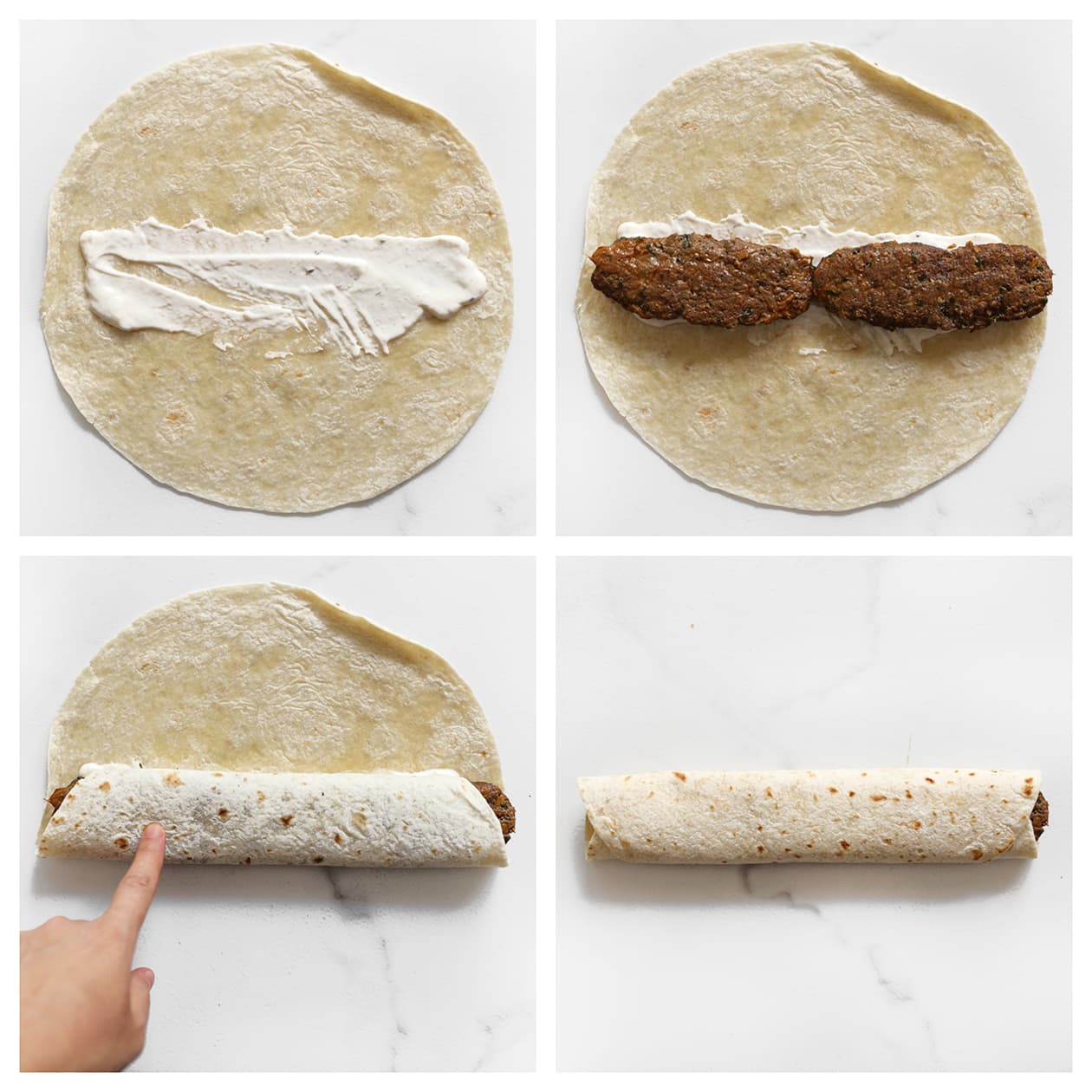 Gebakken gehakt met knoflooksaus in dürüm tortilla