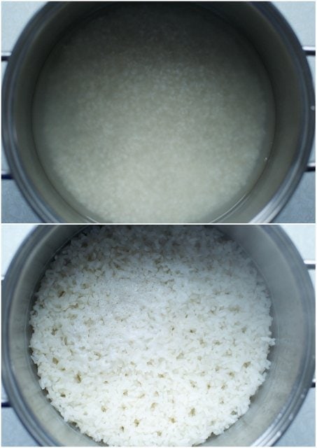 Was de rijst. Doe de rijst samen met het water en zout in een pan. Kook de rijst op hoog vuur. Wanneer het goed borrelt, zet je het vuur op z’n laagst. Kook de rijst in ca. 10 minuten gaar of totdat de rijst het water compleet heeft geabsorbeerd.