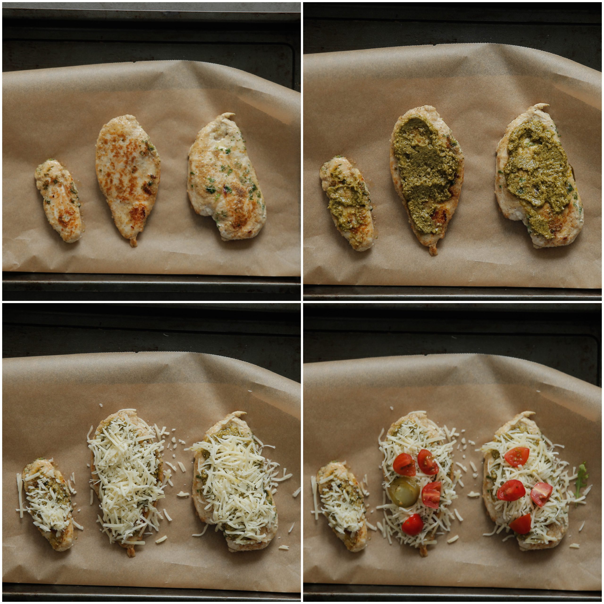 Kipfilet met pesto, geraspte mozzarella en tomaat