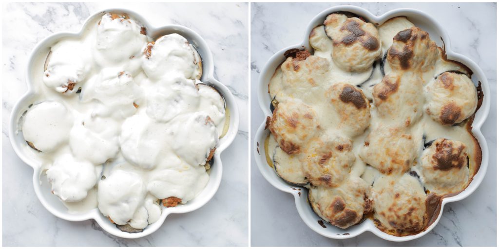 Verdeel de bechamelsaus over het gehakt. Doe de ovenschaal in een voorverwarmde oven op 220℃ en bak 15-25 minuten.