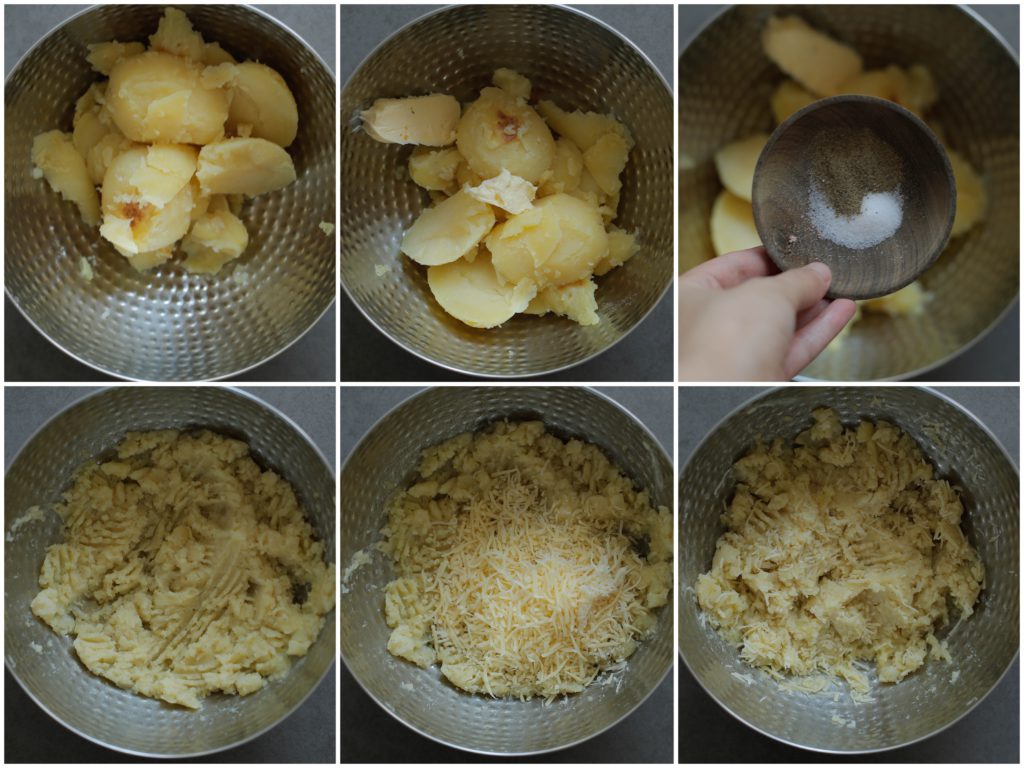 Stamp/prak de aardappel fijn. Voeg de roomboter, het zout, zwarte peper en de uienpoeder toe. Meng goed. Voeg de geraspte kaas toe. Meng tot een geheel.