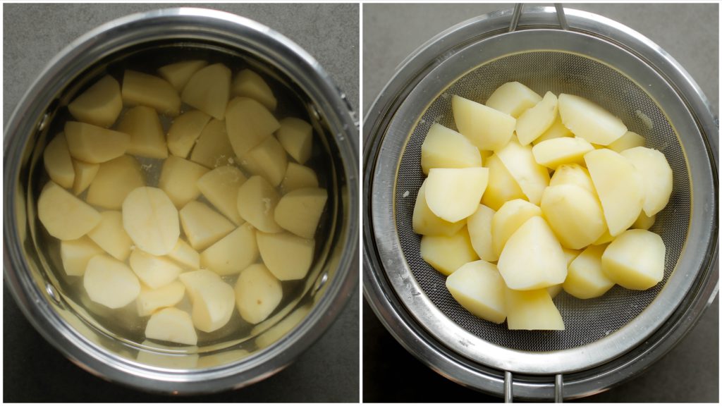 Schil de aardappels. Breng de aardappels met ruim water in een pan aan de kook. Laat 15-20 minuten koken. Laat het water uitlekken. 