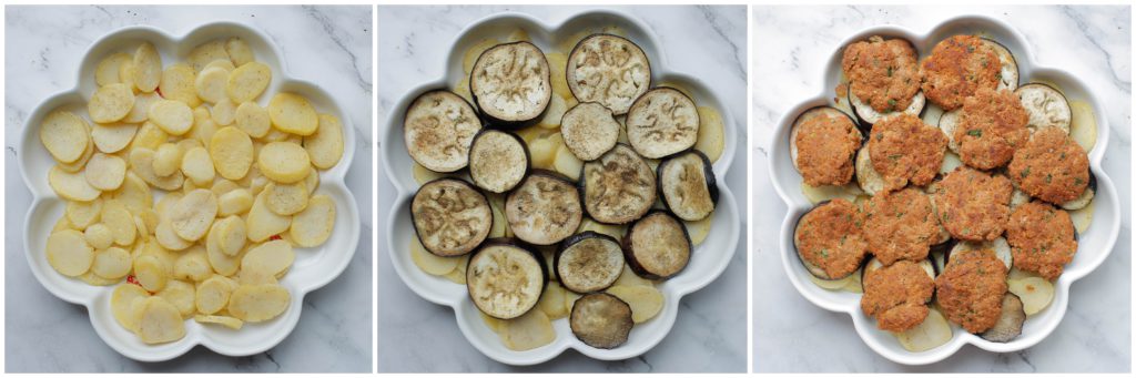 Verdeel de aardappelschijven in een ovenschaal met daarop de aubergineplakjes. Leg het gehakt erop.