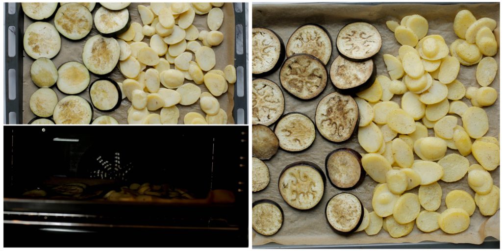 Neem een bakplaat en leg er een vel bakpapier op. Verdeel de aardappelschijfjes en aubergineplakjes over een ovenschaal. Leg de ovenschaal in een voorverwarmde oven op 200℃ en bak 12-15 minuten.