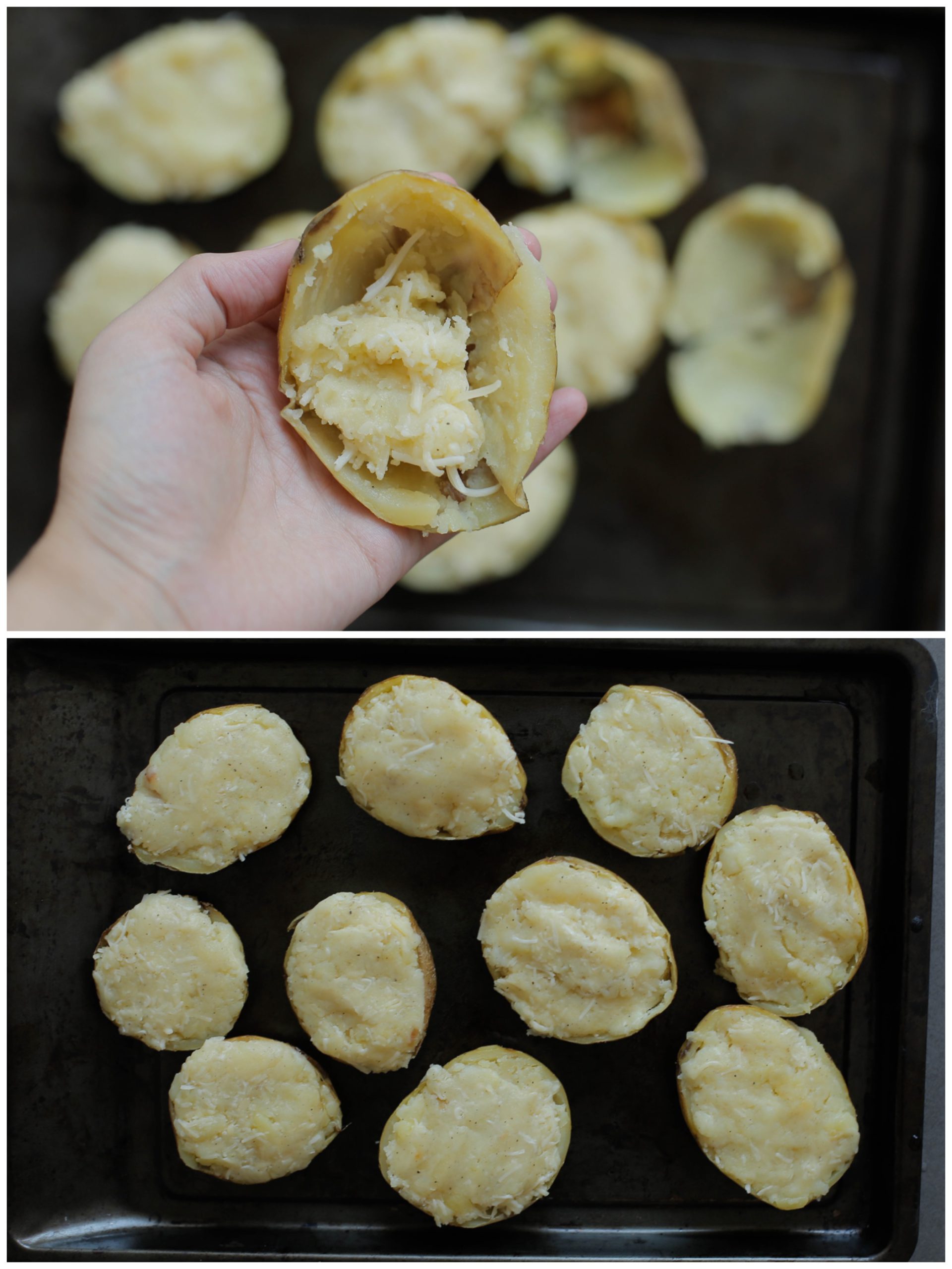 Aardappelschil vullen met het aardappelmengsel