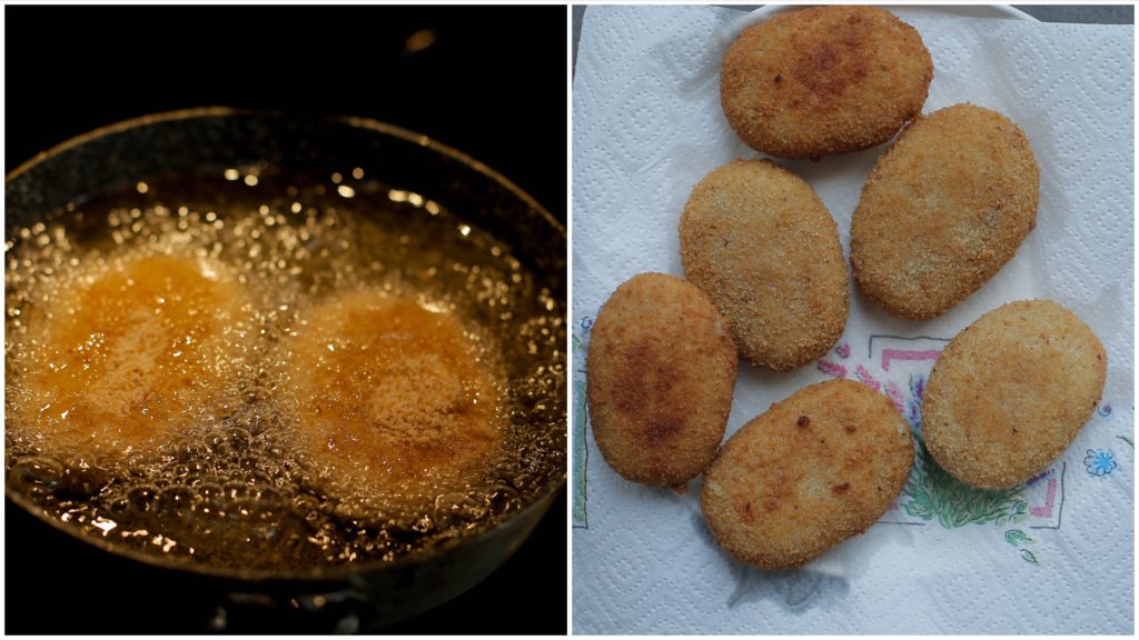 Verhit een laagje zonnebloemolie in een pan op 180 ℃. Bak de aardappelsnacks mooi goudbruin.