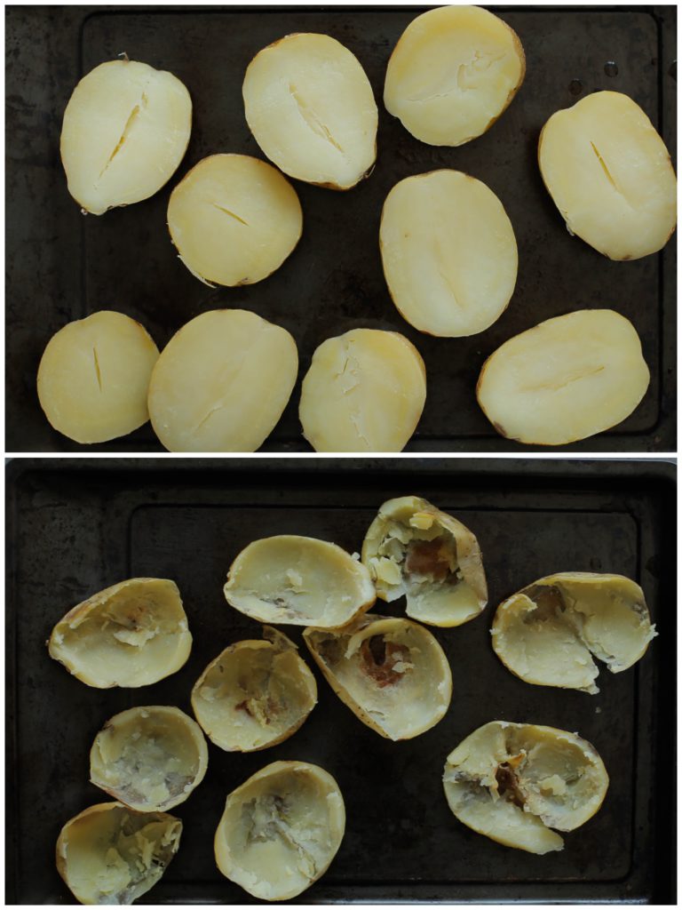 Snijd de aardappels in de lengte door twee. Schep de aardappelvulling met een lepel eruit en doe deze in een kom, de schil laat je heel. Herhaal de werkwijze met de overige aardappels.