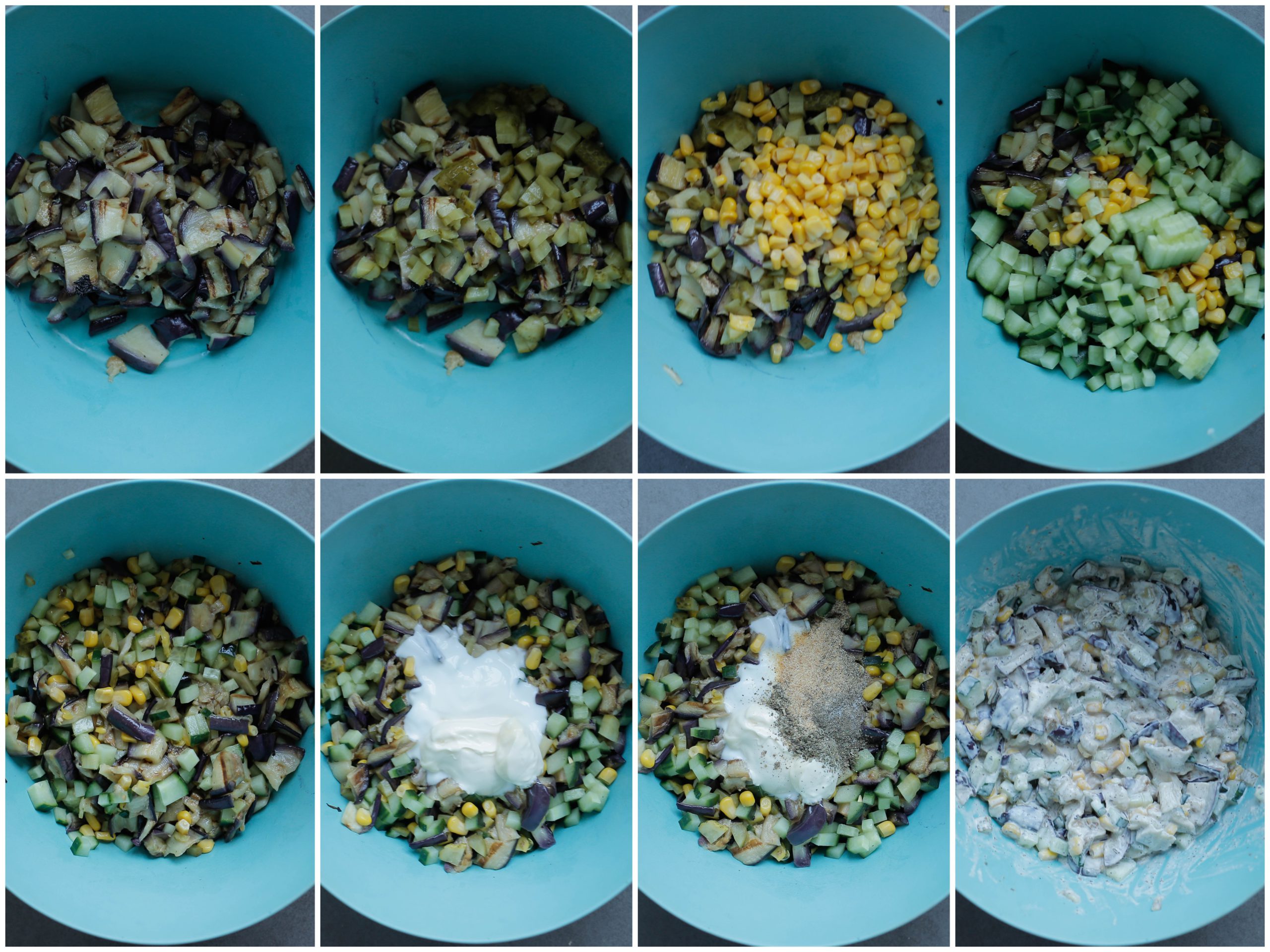 Aubergine met mais, komkommer, yoghurt, mayonaise en kruidenmengsel