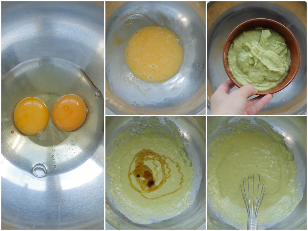 Breek de eieren boven een diepe kom en mix 2 minuten. Voeg de avocado en honing toe. Mix een minuut. 