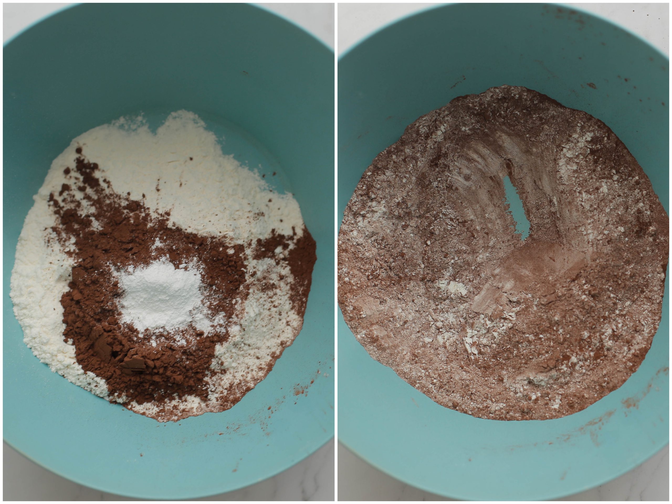 Bloem, cacao en zout mengen in een diepe kom
