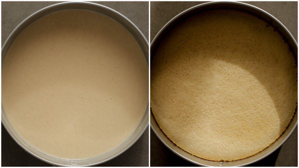 Vet de bakvorm goed in en leg op de bodem een vel bakpapier neer. Voeg 350 gram van het beslag toe. Leg de cake in een voorverwarmde oven en bak 15 minuten op 175℃. Haal de cake uit de oven (schakel de oven niet uit).