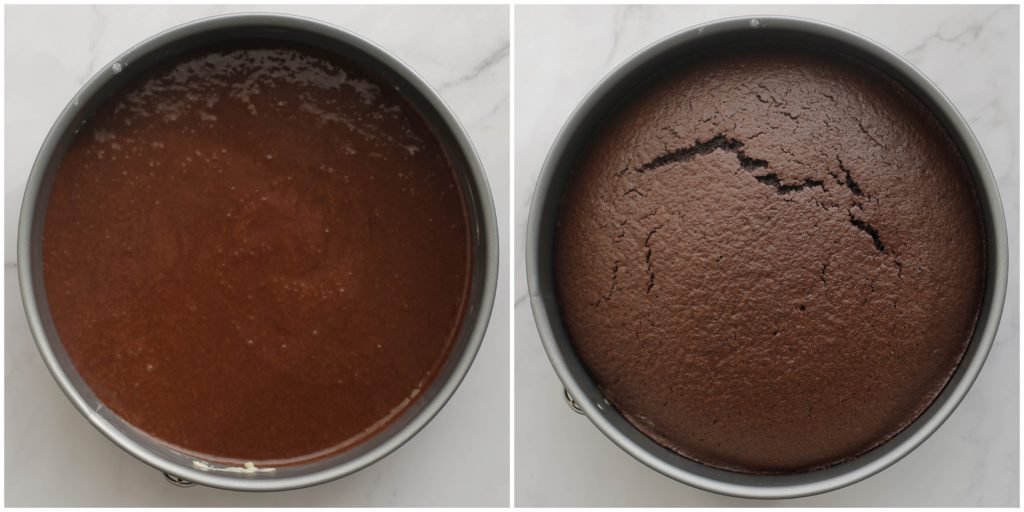 Vet de bakvorm goed in en leg er een vel bakpapier neer. Voeg het beslag toe. Leg de chocoladecake in een voorverwarmde oven op 160℃ en bak in 35-40 minuten gaar. De chocoladecake is gaar als je er met een satéprikker in prikt en er droog uitkomt.