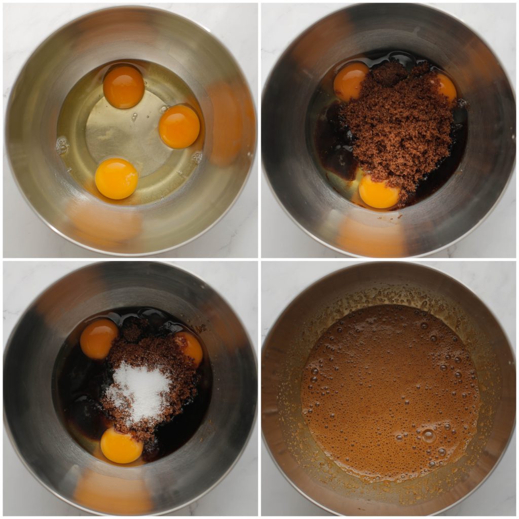 Breek de eieren boven een kom. Voeg de donkerbruine basterdsuiker, vanillesuiker en het zout toe. Mix 2 minuten.