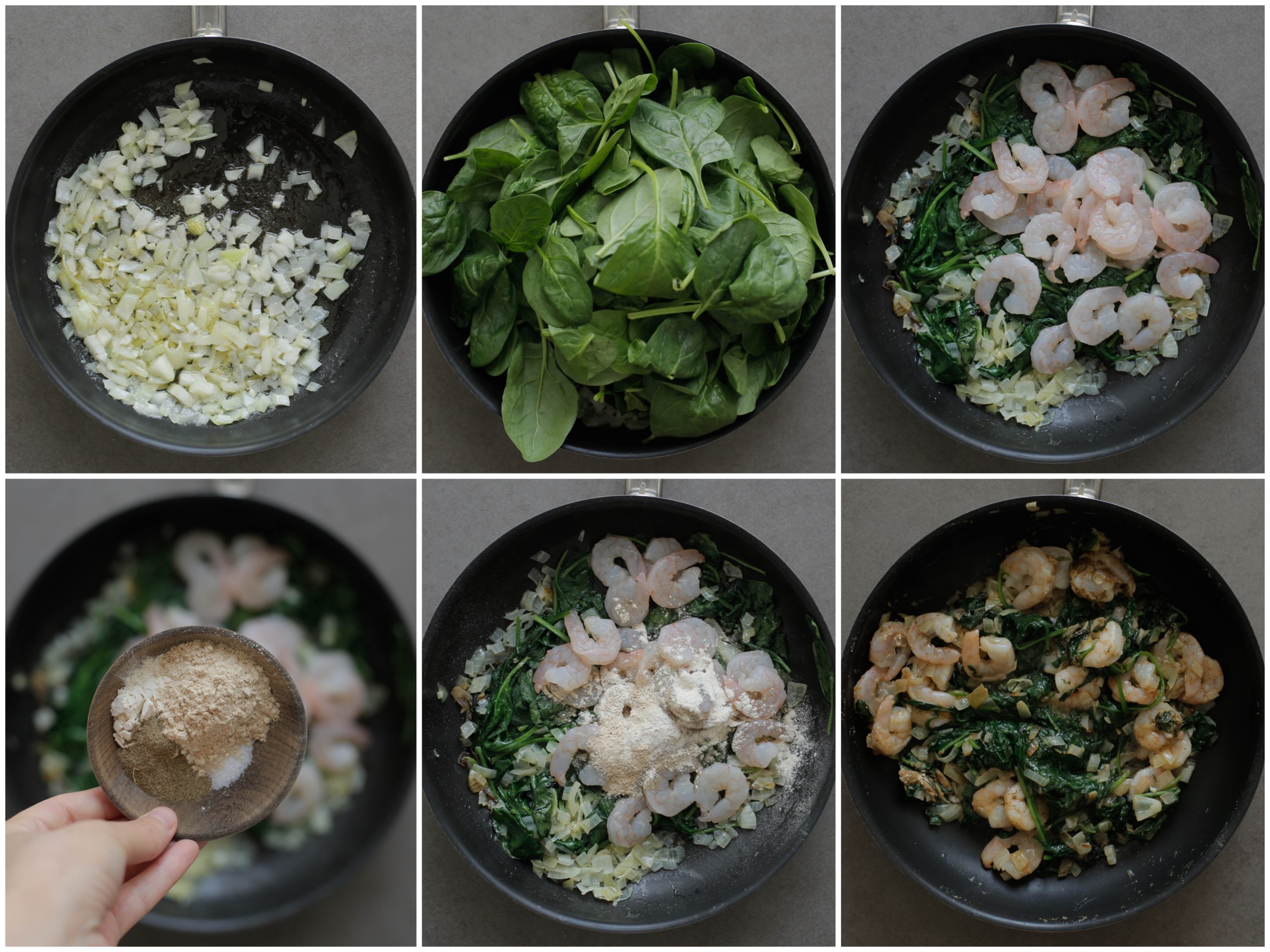 Garnalen bakken met spinazie, ui, knoflook, en kruiden in een koekenpan