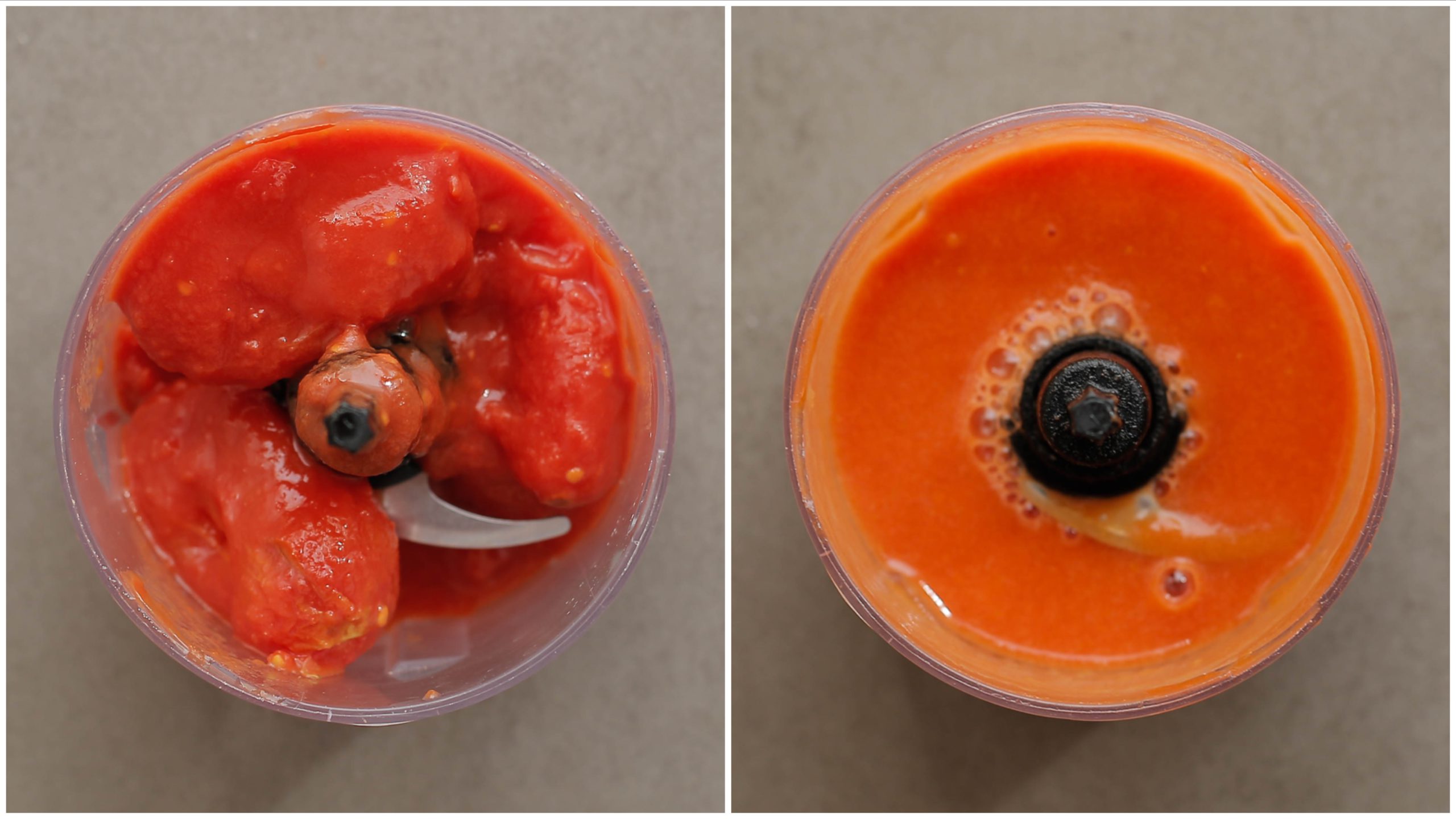 Gepelde tomaten mixen tot een gladde massa in een hakmolen