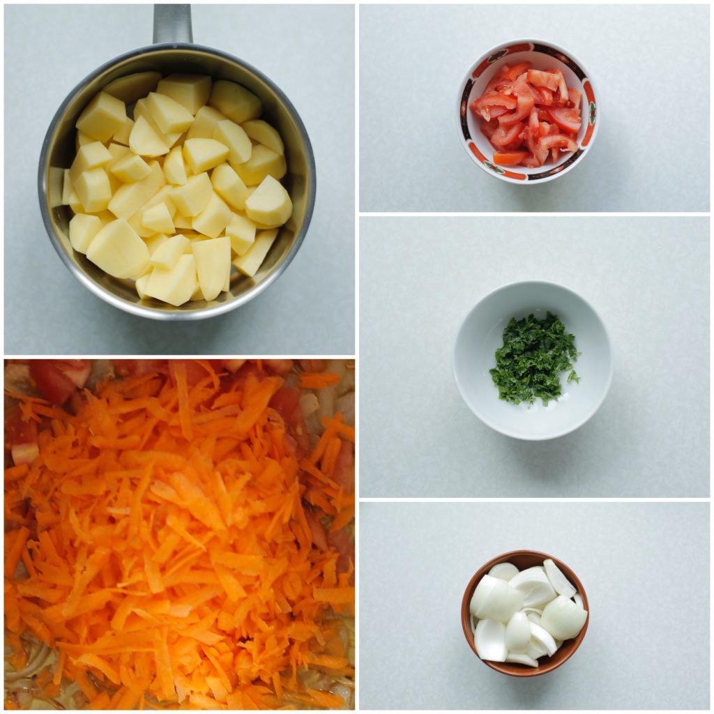 Pel de gele ui en snijd in stukken. Ontvel de tomaat en snijd in blokjes. Hak de peterselie fijn. Rasp de wortel. Schil de aardappels en snijd deze in blokjes.