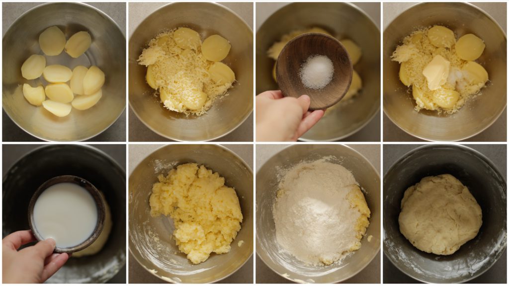 Doe de aardappels in een diepe kom. Voeg het zout, de roomboter, kaas en melk toe. Prak/stamp deze fijn. Voeg de bakpoeder en bloem toe. Kneed tot een geheel.