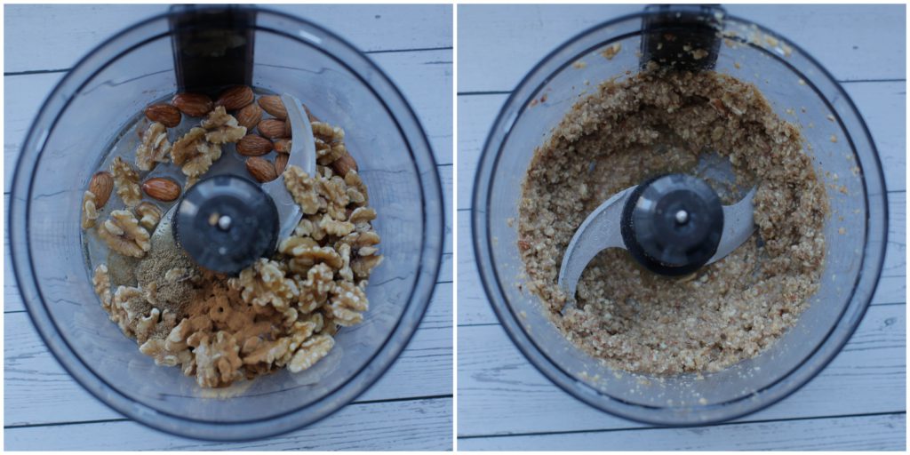 Doe de anijs, kaneel, het oranjebloesemwater, de honing, walnoten, amandelen, sesamzaad en het eiwit in een hakmolen. Mix goed.