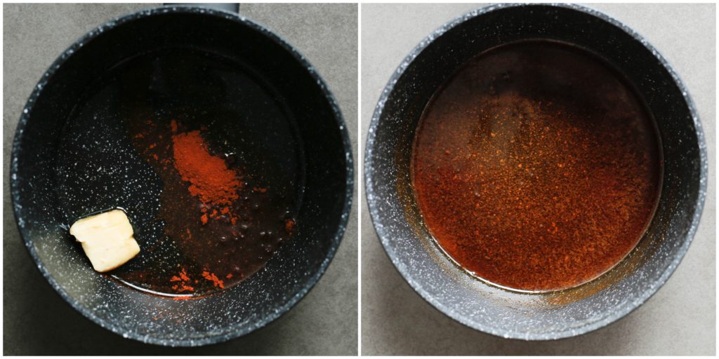 Verhit de zonnebloemolie samen met de roomboter in een pan op middelhoog vuur. Voeg de paprikapoeder toe en bak tot een geheel.