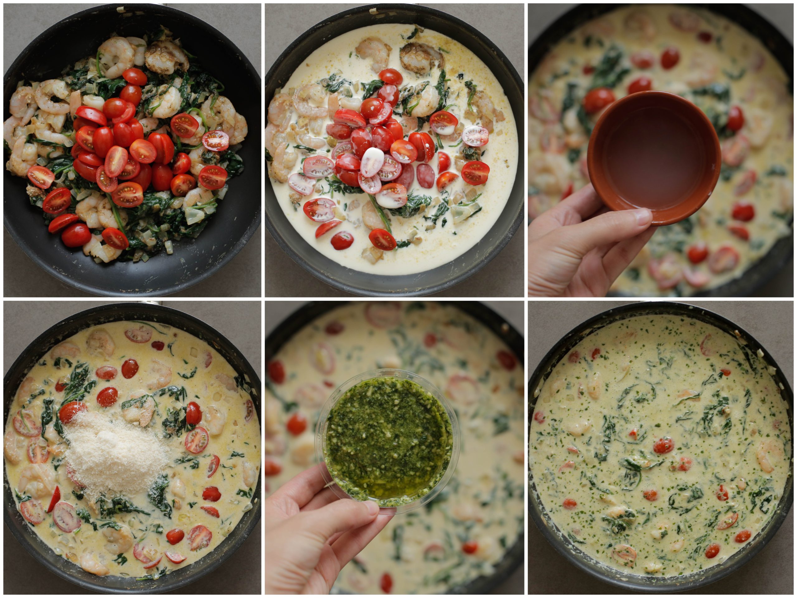 Voeg de snoeptomaatjes en ongeklopte slagroom toe. Breng aan de kook. Als de slagroom goed kookt, voeg je het pasta water en de parmezaanse kaas toe. Meng goed. Voeg de groene pesto toe en kook 2 minuten.