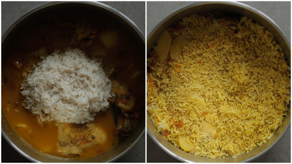 Voeg de rijst toe. Kook afgedekt 12-15 minuten of totdat de rijst het water heeft geabsorbeerd.