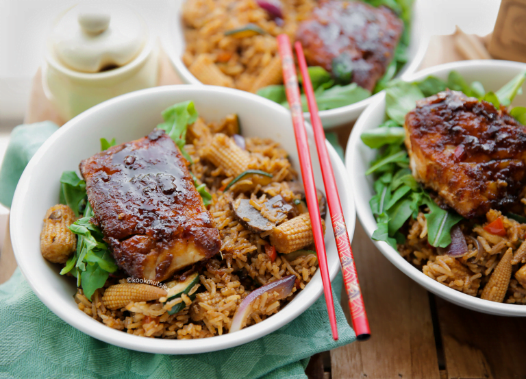 Rijst met sticky kabeljauw