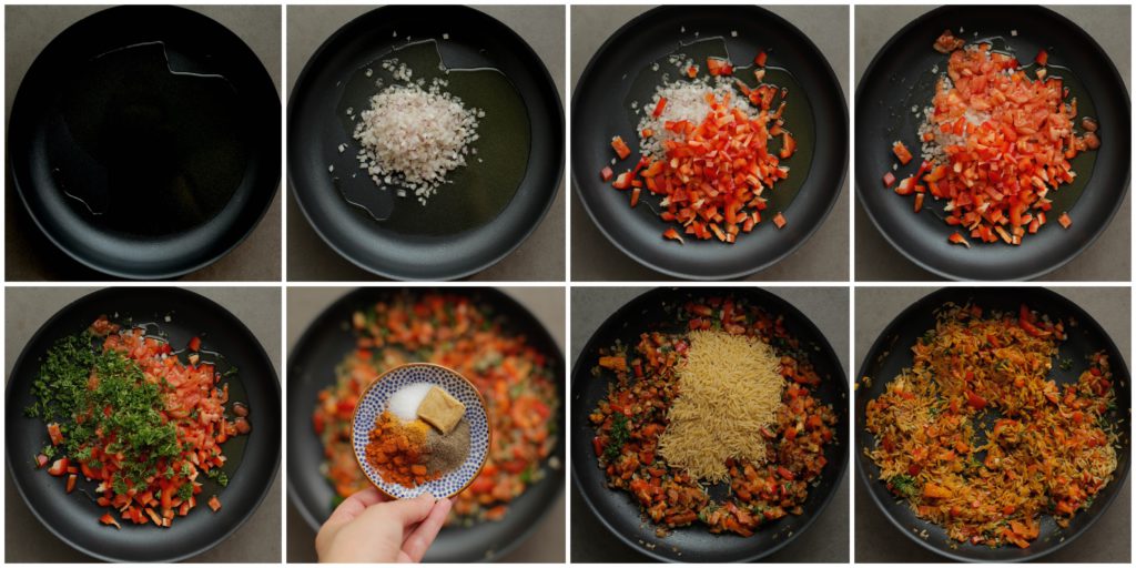 Rode ui, paprika, tomaat, peterselie, kruiden en orzo bakken in olijfolie