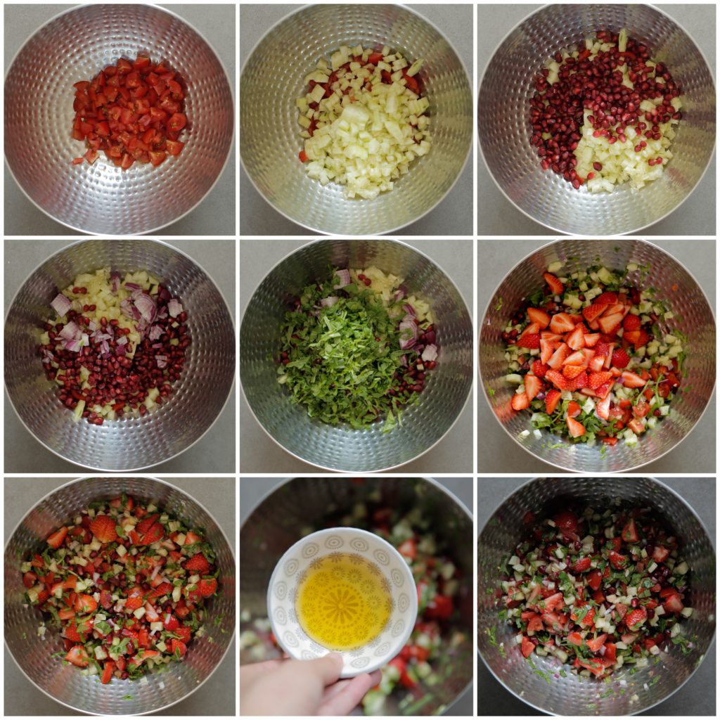 Doe de snoeptomaat, komkommer, granaatappel, rode ui, rucola en aardbeien in een kom. Meng goed. Voeg de dressing toe en meng tot een geheel.