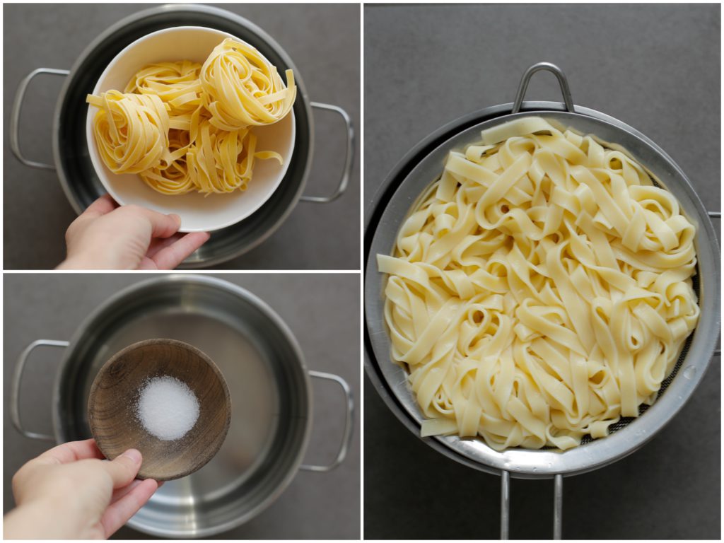 Breng het water in een pan aan de kook (halfvol). Wanneer het water borrelt, voeg je het zout toe en eventueel een scheutje olie. Roer goed. Voeg de tagliatelle toe. Kook 10-13 minuten of tot de pasta gaar is. Schep voorzichtig 50 ml water van de pasta eruit en leg deze apart. Laat het water van de pasta uitlekken.