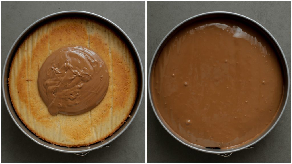 Verdeel het chocolademengsel over de cake en leg deze afgedekt in de koelkast voor een uur of tot de chocolade stevig is.